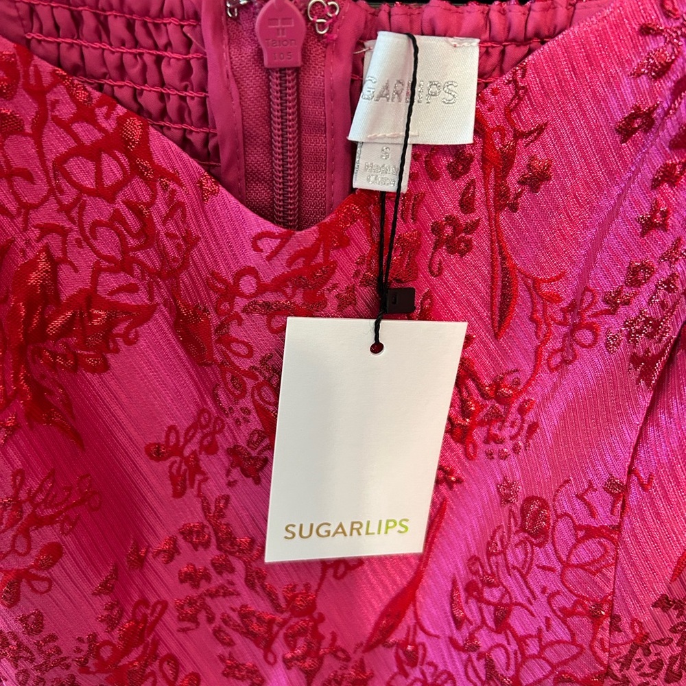 Sugarlips Pink Jacquard Puff-Sleeve Midi Dress - Picture 5 of 7